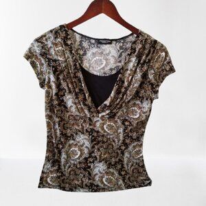 Black/Brown/White Paisley Cap Sleeve Top with Scoop Neck by Perseption Concept